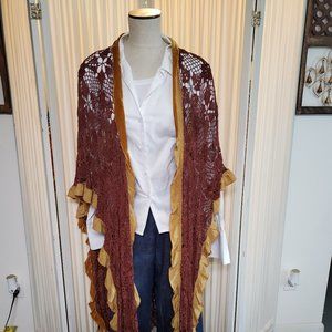 Vintage Crochet Shawl with Velvet Trim